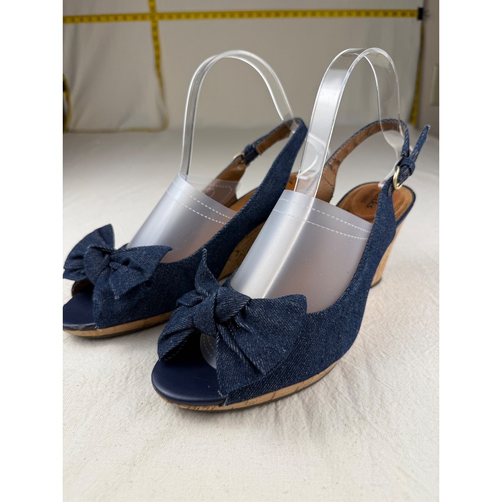 Clarks Slingback Wedges Womens 9M Blue Good Condition Denim Bow Peep Toe 60705